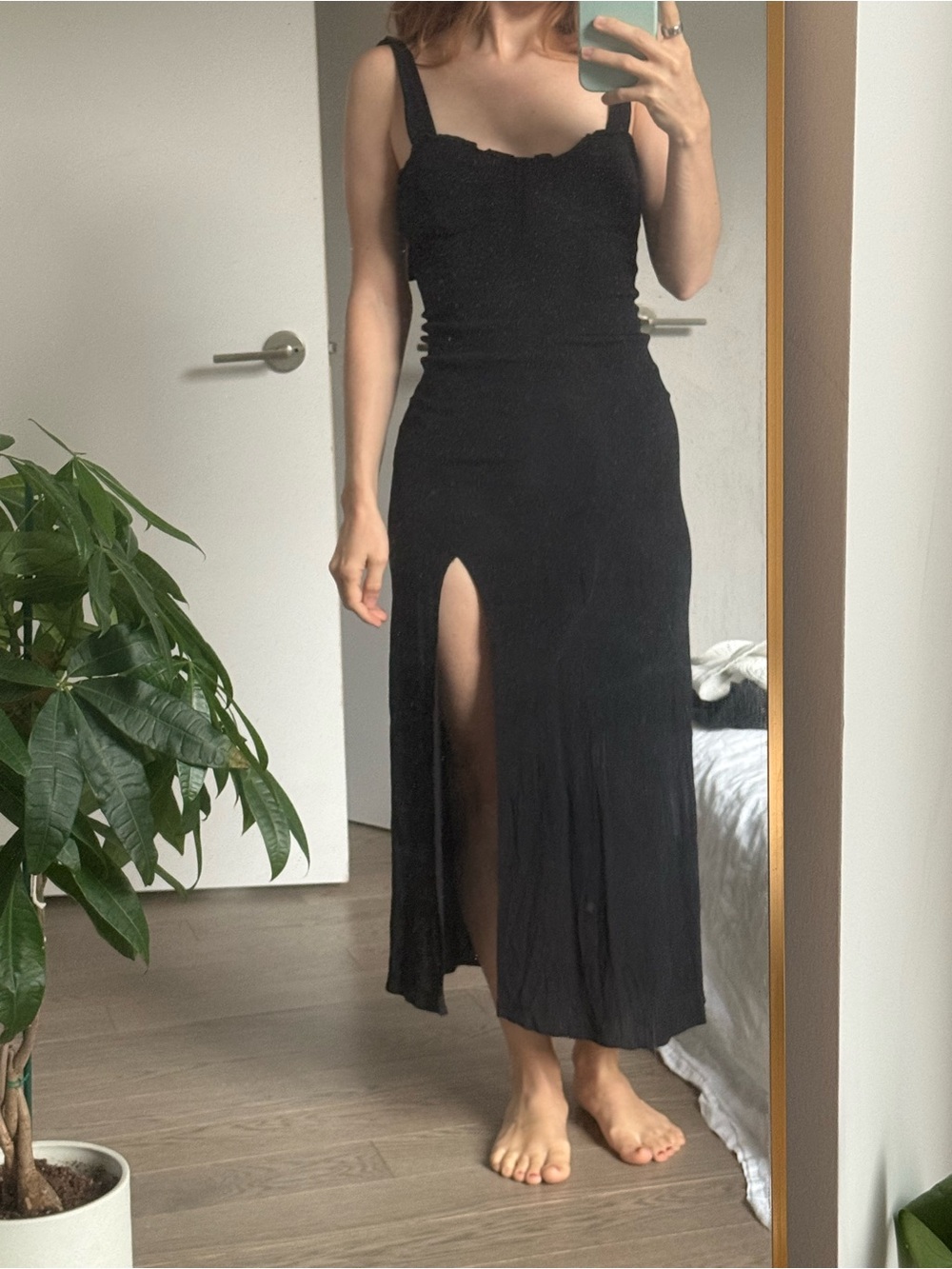 Seventy Black Midi Dress with Thigh Slit and Slim Straps